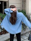 Chic Womens Denim Shirt - Flattering Long Sleeves, Trendy Oversized Fit - Perfect for Spring/Autumn - A Fashion Statement in Classic Blue Jean