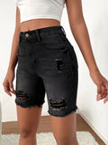 greatnfb Black Ripped Holes Denim Shorts, Raw Hem Slim Fit Slant Pockets Denim Shorts, Women's Denim Jeans & Clothing