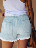 greatnfb Raw Hem Drawstring Elastic Waist Denim Shorts, Casual Slash Pocket Denim Shorts, Women's Denim Jeans & Clothing