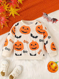 Adorable Cartoon Pumpkin Print Long Sleeve Sweatshirt - Tees for Toddler & Infant Boys - Soft, Casual, Full Print Design, Comfortable, Halloween Theme, Baby Boy's Clothing