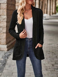 Plus Size Open Front Ribbed Cardigan, Casual Dual Pockets Long Sleeve Cardigan For Fall, Women's Plus Size Clothing