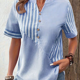 greatnfb  Striped Print Notched Neck Blouse, Casual Short Sleeve Button Front Blouse For Spring & Summer, Women's Clothing