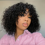 Short Bob Curly Human Hair Wigs With Bangs None Lace Front Human Hair Wigs For Women 180% Density Kinky Curly Fringe Bang Wig Human Hair Machine Made Brazilian Unprocessed Virgin Hair Wigs Natural Color