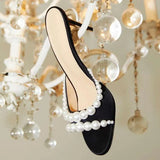 French Pearl Slippers For Women  Summer New Black Open Toe Round Head Line With Stiletto Heels Sandals Kq8