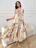 greatnfb  Floral Print Tiered Halter Dress, Elegant Sleeveless A-line Dress, Women's Clothing