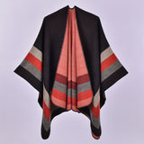 Stripe Jacquard Large Shawl Vintage Imitation Cashmere Warm Cape Scarf Blanket Wraps Reversible Windproof Cardigan