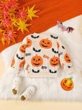 Adorable Cartoon Pumpkin Print Long Sleeve Sweatshirt - Tees for Toddler & Infant Boys - Soft, Casual, Full Print Design, Comfortable, Halloween Theme, Baby Boy's Clothing