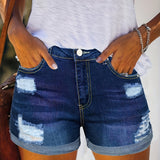 greatnfb Solid Rolled Hem Denim Shorts, Slim Fit Slash Pockets Ripped Short Denim Pants, Women's Denim Jeans & Clothing