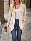 Plus Size Open Front Ribbed Cardigan, Casual Dual Pockets Long Sleeve Cardigan For Fall, Women's Plus Size Clothing