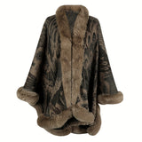 Luxurious Peacock Flower Pattern Cardigan Poncho - Soft Faux Fur Collar, Edge Shawl, Vintage-Inspired, Thickened Warm, Large Cloak for Autumn and Winter - Perfect for Outdoor Activities and Daily Wear