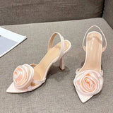 Liyke Summer Fashion Silk Rose Flowers Pointed Open Toe Back Strap Sandals Women Red High Heels Wedding Prom Shoes Zapatos Mujer 240629