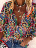 greatnfb  Paisley Print Button Front Shirt, Casual Lantern Sleeve Shirt, Women's Clothing