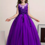 Elegant Princess Lace Gown for Girls - Flower Accents, Sleeveless Tulle, Full-Length - Ideal for Weddings, Pageants, and Formal Events