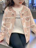 Adorable Fleece-Lined Bear & Bows Pattern Crew-Neck Cardigan Sweater - Soft, Warm, and Cozy for Girls - Fall/Spring Girl's Clothing, Button Down Jacket with Knitwear Design