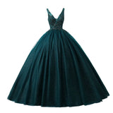 Shiny Dark Green Sequined Tulle Quinceanera Dresses Sexy Backless V Neck Ball Gown Evening Prom Gowns With Corset Back BM3506