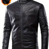 Plus Size Men's PU Biker Jacket | Stylish Zip-Up Stand Collar | Casual Solid Color Motorcycle Coat