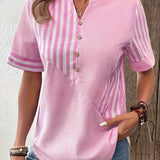 greatnfb  Striped Print Notched Neck Blouse, Casual Short Sleeve Button Front Blouse For Spring & Summer, Women's Clothing