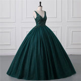 Shiny Dark Green Sequined Tulle Quinceanera Dresses Sexy Backless V Neck Ball Gown Evening Prom Gowns With Corset Back BM3506