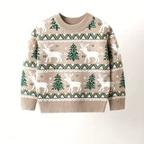 Boys Cozy Cartoon Deer & Trees Graphic Knit Pullover Sweater - Soft Viscose Blend, Crew Neck, Long Sleeve, Regular Fit - Perfect for Winter, Spring, and Autumn