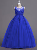 Elegant Princess Lace Gown for Girls - Flower Accents, Sleeveless Tulle, Full-Length - Ideal for Weddings, Pageants, and Formal Events