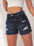 greatnfb Ripped Raw Hem Slash Pocket Denim Shorts, Dark Washed Blue Distressed Denim Shorts, Women's Denim Jeans & Clothing