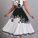 greatnfb  Plus Size Flroral Print Dress, Casual V Neck Short Sleeve Midi Dress, Women's Plus Size Clothing