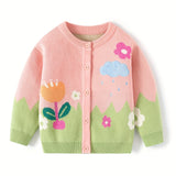 Adorable Cartoon Flower Knitted Cardigan Sweater - Soft Cotton, Button Front, Casual Style, Infant & Toddler Girl's Clothing, Perfect for Daily Wear, Photo Shoots, and Special Occasions