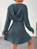 Solid Color Ribbed Dress Set, Long Sleeve Hoodie Shrug Top & Sleeveless Square Neck A-line Tank Dress Outfits, Women's Clothing