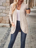 Plus Size Open Front Ribbed Cardigan, Casual Dual Pockets Long Sleeve Cardigan For Fall, Women's Plus Size Clothing