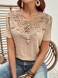 greatnfb  Contrast Lace Crew Neck Blouse, Casual Short Sleeve Blouse For Spring & Summer, Women's Clothing