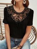 greatnfb  Contrast Lace Crew Neck Blouse, Casual Short Sleeve Blouse For Spring & Summer, Women's Clothing