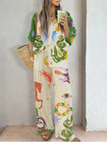 greatnfb  Graphic Print Two-piece Set, Single Button Shirt & Loose Pants Outfits, Women's Clothing