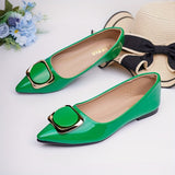 Fashionable Womens Buckle Flat Shoes - Pointed Toe Slip-Ons with Solid Color Patent Leather - Ultra-Comfortable & Stylish