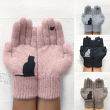 Niche Chic Cat Print Knit Gloves Short Thickened Warm Split Finger Gloves Autumn Winter Coldproof Windproof Gloves