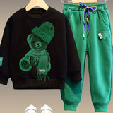 2pcs Boy's Beanie Bear Patched Outfit, Sweatshirt & Sweatpants Set, Trendy Long Sleeve Top, Kid's Clothes For Spring Fall, As Gift