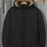 Men's Plus Size Hooded Winter Jacket - Stylish Outerwear With Zip Front And Soft Fleece Lining