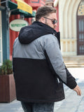 Plus Size Mens Warm Hooded Jacket, Loose Oversized Color Block Jacket Coat With Patch Pockets For Winter, Men's Parka