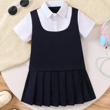 Adorable Girls Preppy School Dress - Fashionable Pleated Design with Classic Splicing, Short Sleeve Lapel Collar, Premium Quality Uniform Style for Timeless Charm