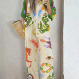 greatnfb  Graphic Print Two-piece Set, Single Button Shirt & Loose Pants Outfits, Women's Clothing