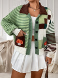 Plus Size Mushroom & Striped Pattern Knitted Cardigan, Casual Button Front Long Sleeve Cardigan For Fall & Winter, Women's Plus Size Clothing