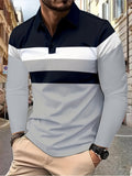 Men's Stylish Color Block Polo Shirts - Long Sleeve Lapel Golf Polos with Mid Stretch, Regular Fit, and Casual Style for Spring/Autumn Season Wear