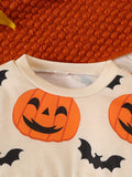 Adorable Cartoon Pumpkin Print Long Sleeve Sweatshirt - Tees for Toddler & Infant Boys - Soft, Casual, Full Print Design, Comfortable, Halloween Theme, Baby Boy's Clothing