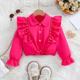 Charming Sweetheart Ruffle Lapel Crop Shirt - Women's Blouses & Button-Down Shirts with Beaded Embellishments, Long Sleeve, Party/Casual Wear for Spring and Fall Seasons