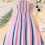 Colorful Striped Midi Dress For Girls Vacation Style Casual Slip Dresses, Summer Clothing Gift