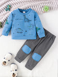 2pcs Boy's Color Clash Outfit, Dinosaur Pattern Sweatshirt & Patched Sweatpants Set, Casual Long Sleeve Top, Kid's Clothes For Spring Fall Winter, As Gift