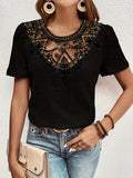 greatnfb  Contrast Lace Crew Neck Blouse, Casual Short Sleeve Blouse For Spring & Summer, Women's Clothing