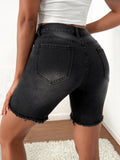 greatnfb Black Ripped Holes Denim Shorts, Raw Hem Slim Fit Slant Pockets Denim Shorts, Women's Denim Jeans & Clothing