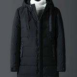 Men's Plus Size Long Hooded Puffer Jacket - Casual, Zip-Up, Polyester Fleece Lined for Winter Warmth