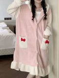 Luxurious Bow Pattern Fuzzy Robe for Women - Soft Long Sleeve Hooded Sleepwear with Buttons, Ruffles, and Pockets - Cozy Plush Winter Nightwear for Cold Nights