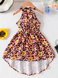 Girls Leopard Print Halter Dress - Fashionable Dot Pattern, Sun-Ready Sleeveless Design - Perfect Casual Summer Wear for Playful Girls, A Delightful Gift Idea